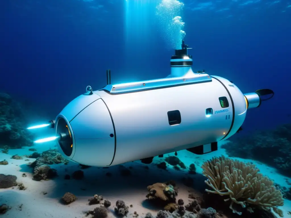 Robot submarino autónomo explorando majestuosamente el océano Un robot autónomo de exploración submarina navega con gracia en las profundidades del océano, iluminando la vida marina con luces azules