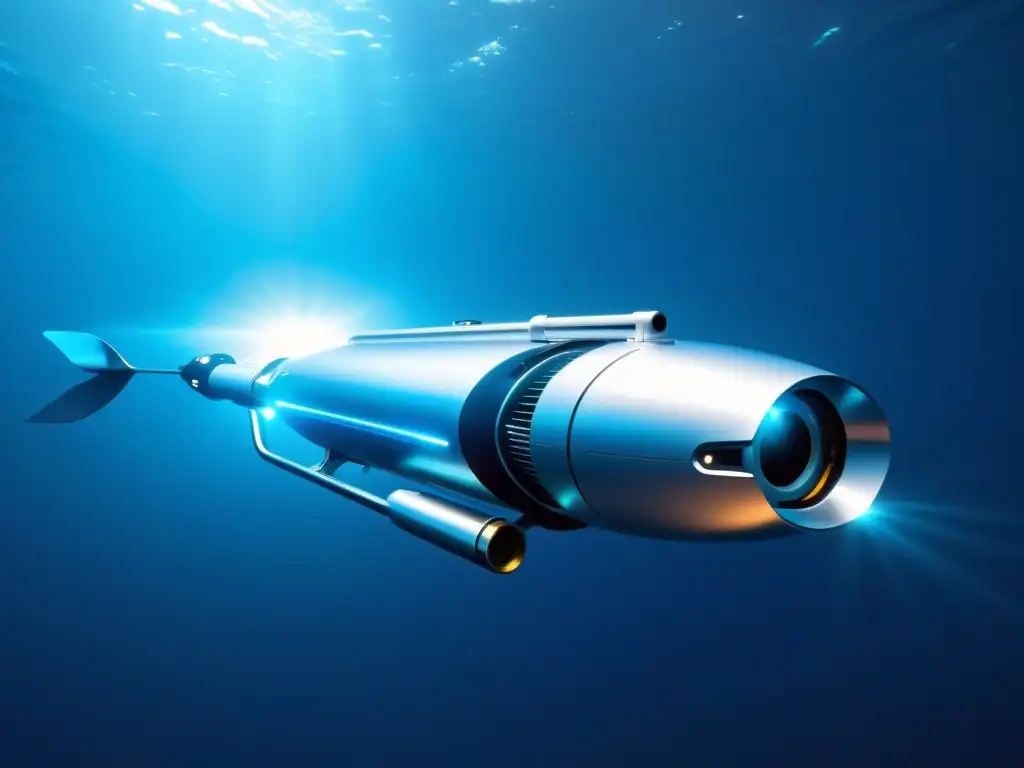 Robot submarino de alta tecnología, con cuerpo metálico y luces LED azules, explorando las misteriosas profundidades del océano