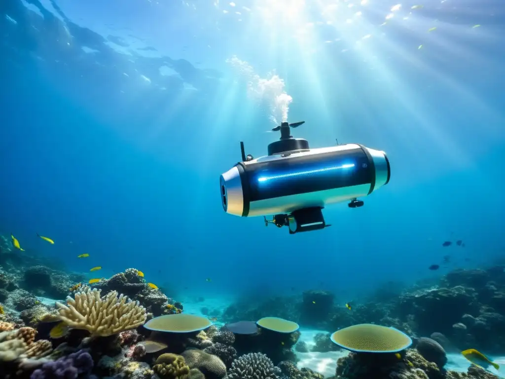 Un robot submarino de diseño moderno y elegante explora las profundidades oceánicas, rodeado de peces coloridos