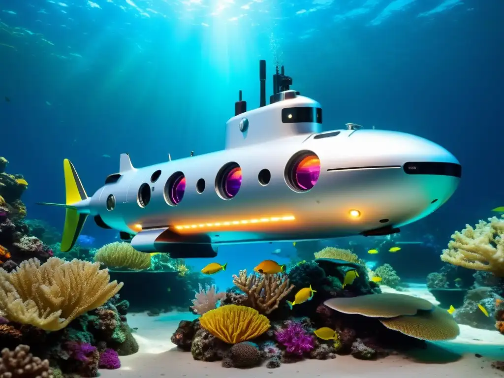 Robot submarino para exploración oceánica capturando imágenes en un vibrante arrecife de coral, iluminado por luces LED y rayos de sol