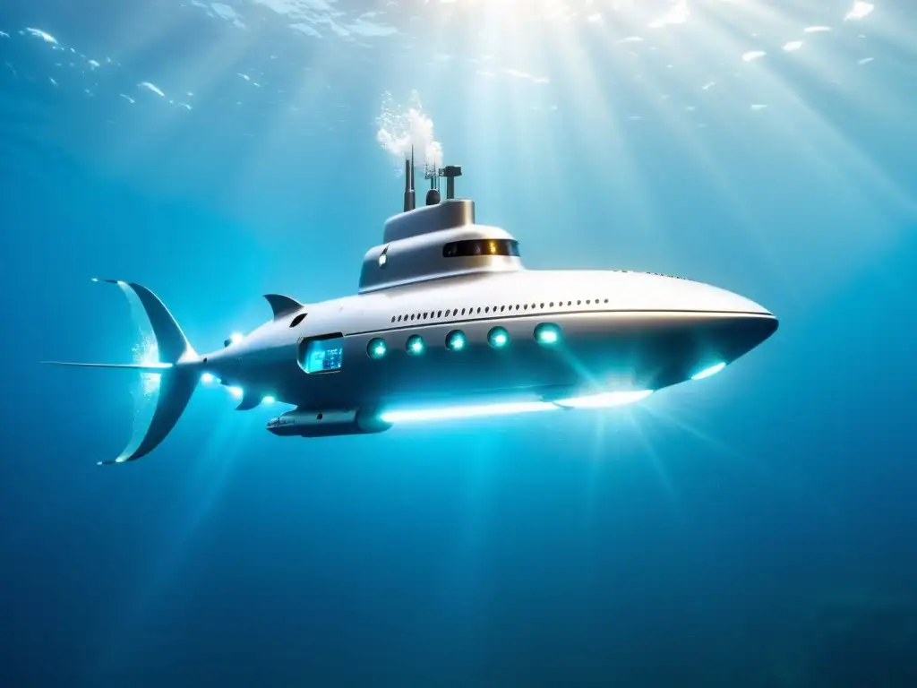 Un robot submarino futurista explorando las aguas oceánicas, con tecnología avanzada y luces LED brillantes