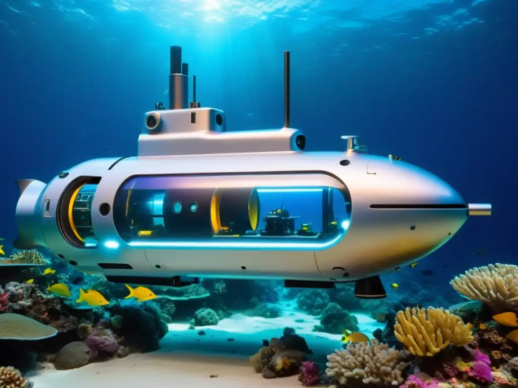 Un robot submarino moderno iluminando las profundidades del océano, rodeado de vida marina y coloridos arrecifes de coral