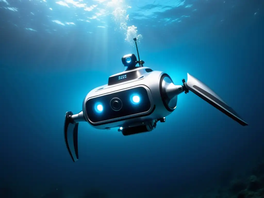 Un robot submarino tecnológico y elegante explorando las profundidades misteriosas del océano, mostrando el potencial de las tecnologías emergentes