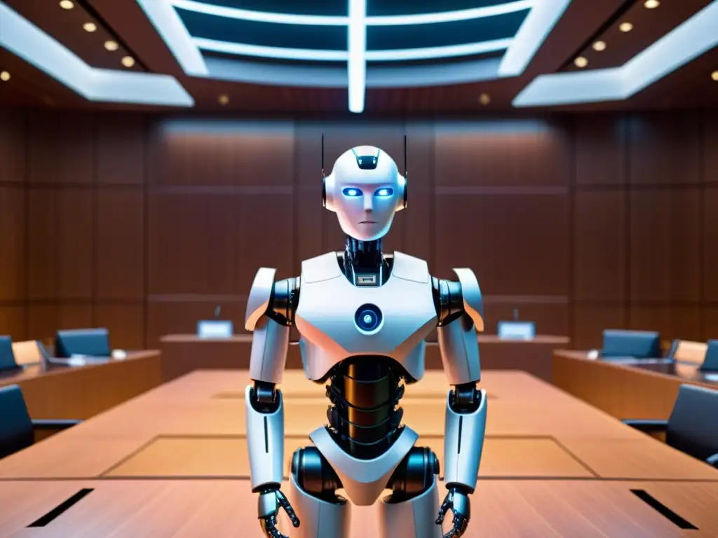 Robot autónomo en el tribunal del futuro, representando los desafíos legales en la era de la autonomía