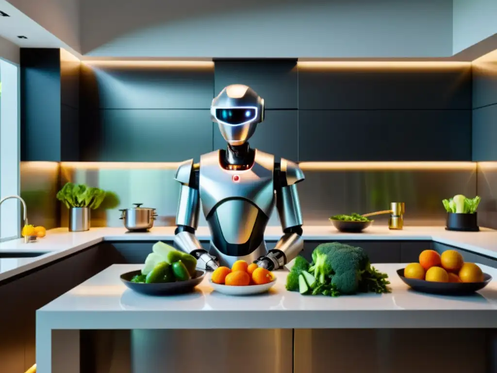 Un robot chef cortando verduras en una cocina moderna y elegante