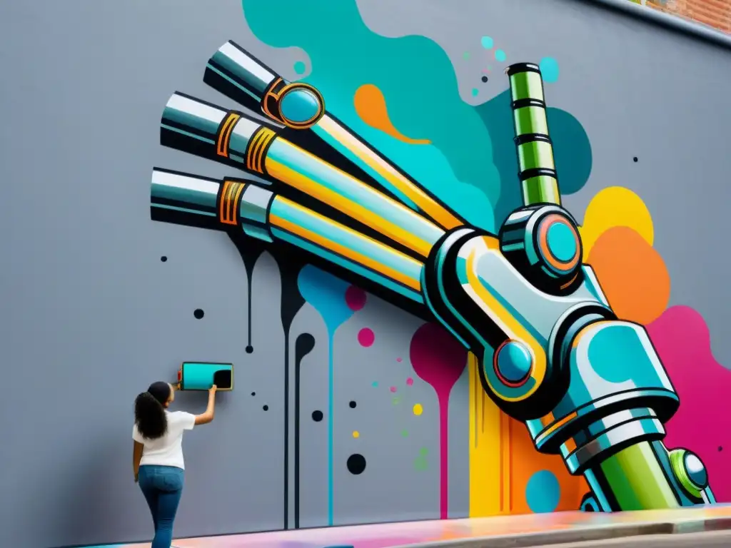 Robótica armónica pintando mural vibrante, fusionando arte y tecnología en la inteligencia artificial