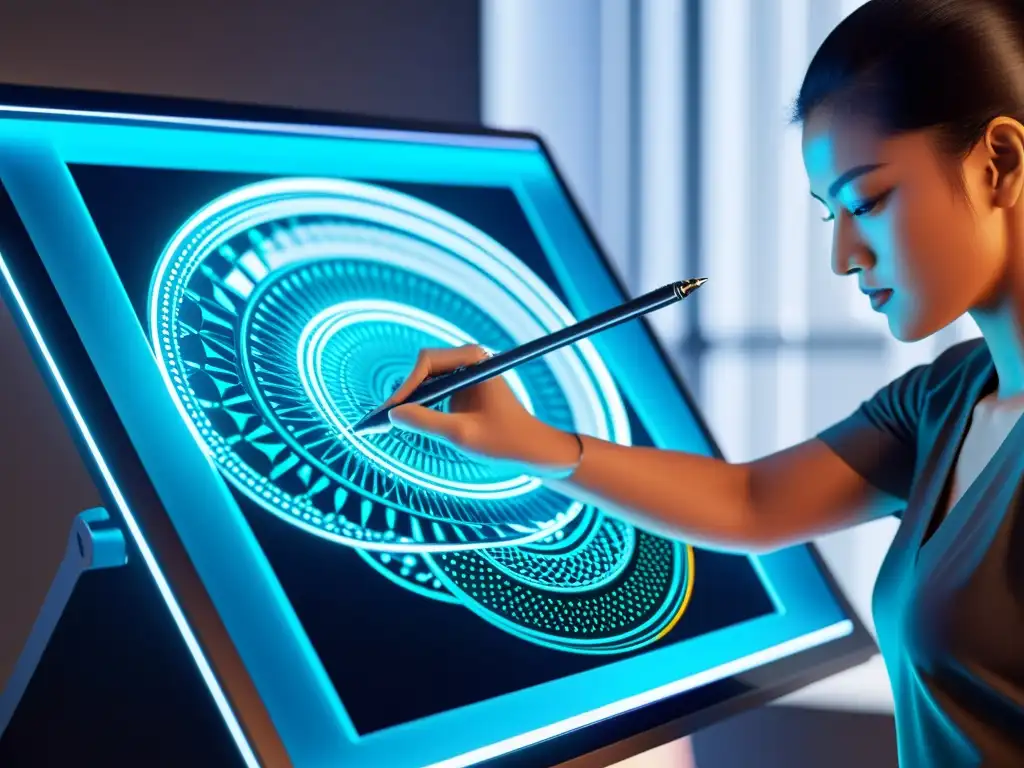 Robótica creando arte digital, líneas intrincadas y colores vibrantes