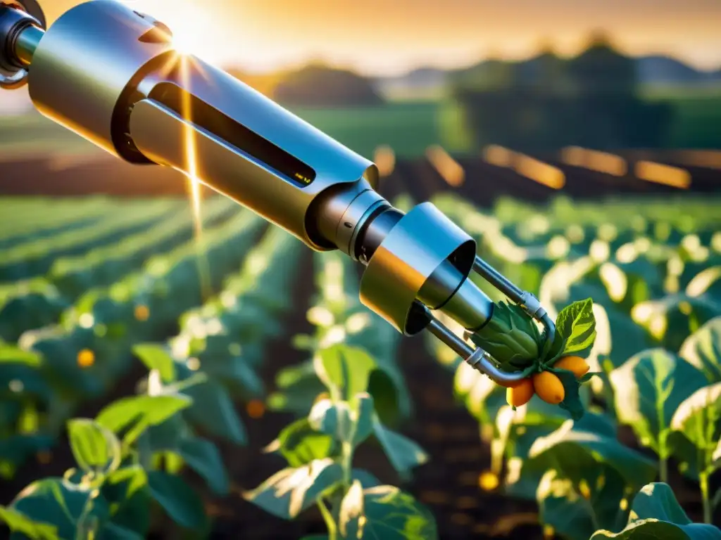 Robótica en agricultura automatizada: Un brazo robótico futurista cosecha frutas en un campo vibrante y tecnológico, bañado por la cálida luz del sol