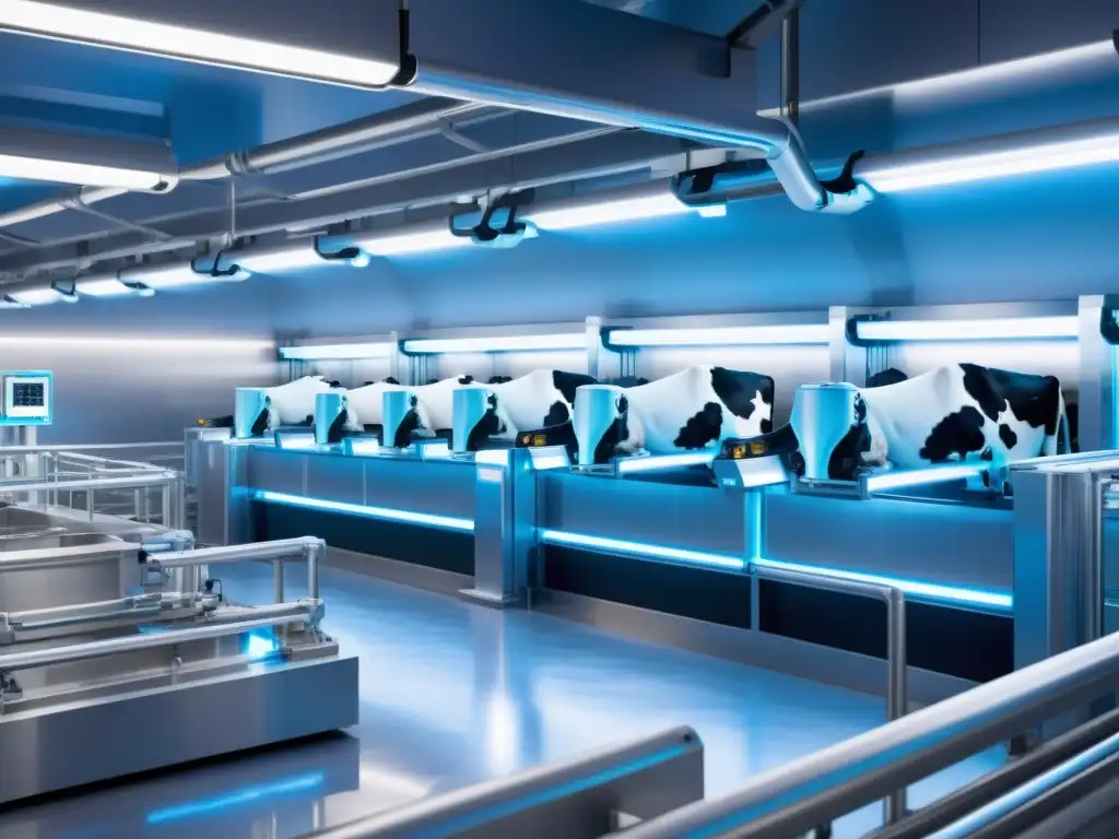 Robótica avanzada en la ganadería: Robots avanzados realizan tareas en una instalación futurista, iluminados por una suave luz azul