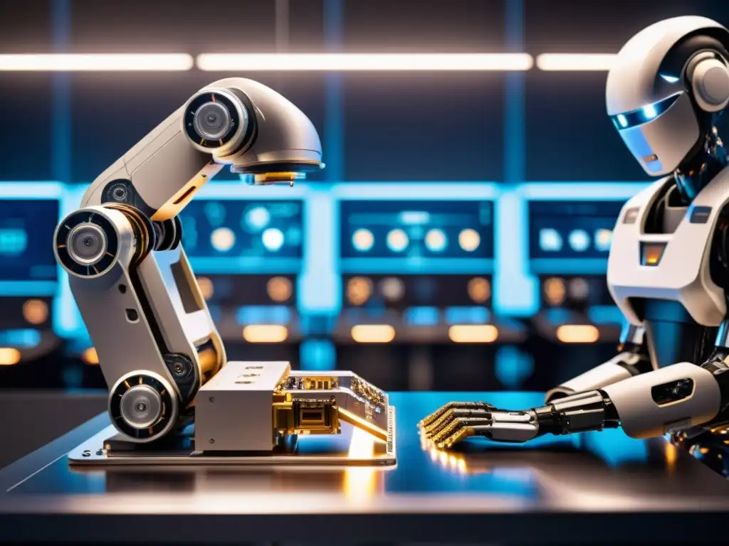 Ensamblaje robótico de circuitos con precisión, bajo supervisión humana Robótica avanzada ensambla circuitos bajo luz artificial, con supervisión humana