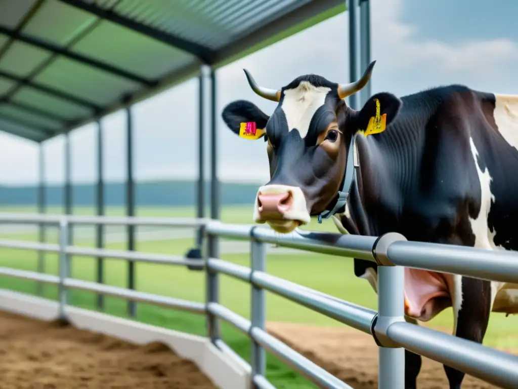 Robótica avanzada en la ganadería: imagen detallada de un brazo robótico examinando con precisión a una vaca en un entorno futurista de rancho