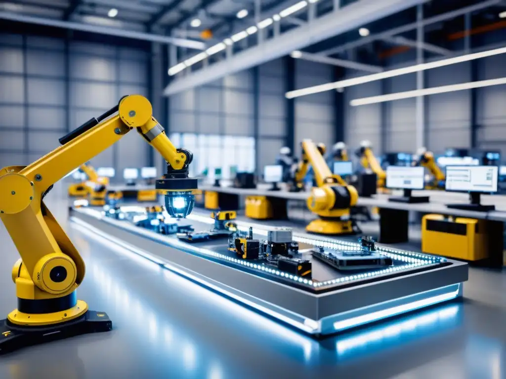 Robótica colaborativa en la industria manufacturera: robots futuristas trabajando junto a operarios en una planta moderna y tecnológica