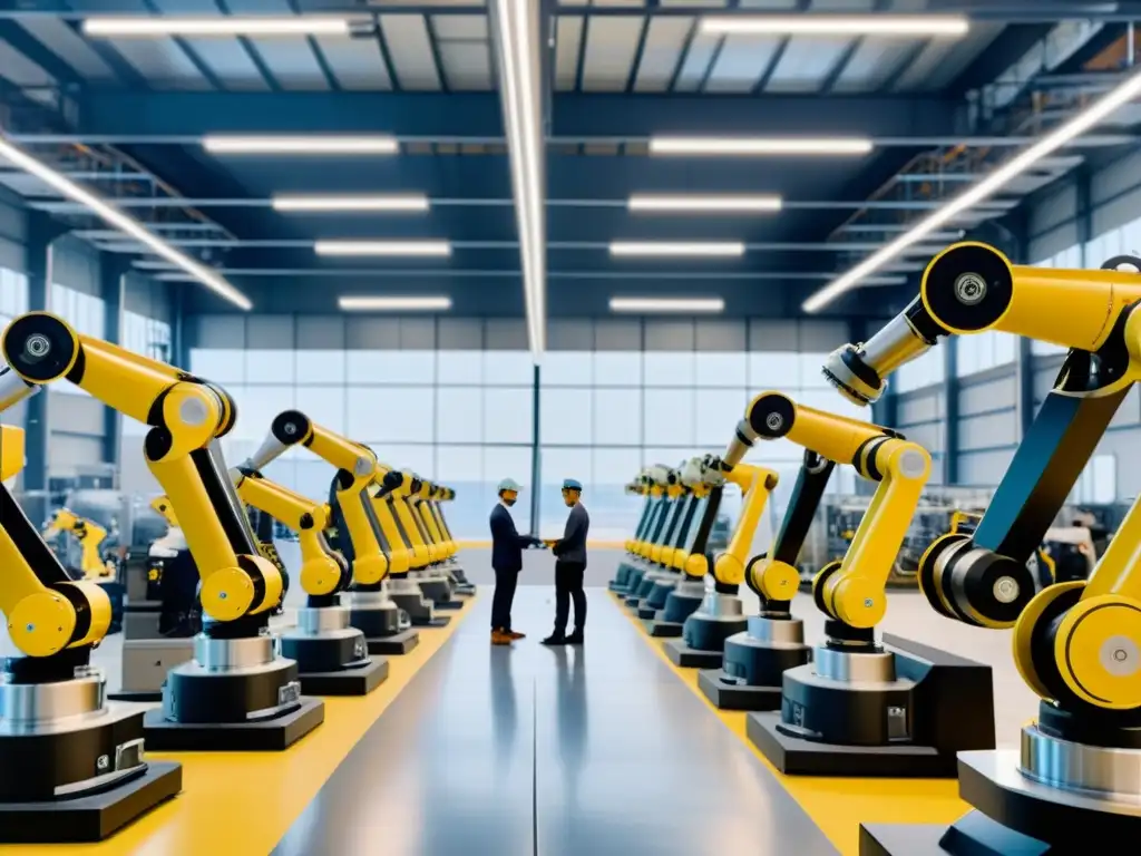 Robótica colaborativa en la industria manufacturera: Robots y humanos trabajan juntos en la línea de montaje, mostrando precisión y eficiencia