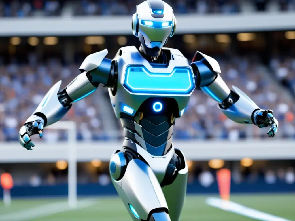 Robótica en el deporte: Un robot humanoide futurista corre en un campo deportivo blanco, rodeado de atletas y fanáticos asombrados