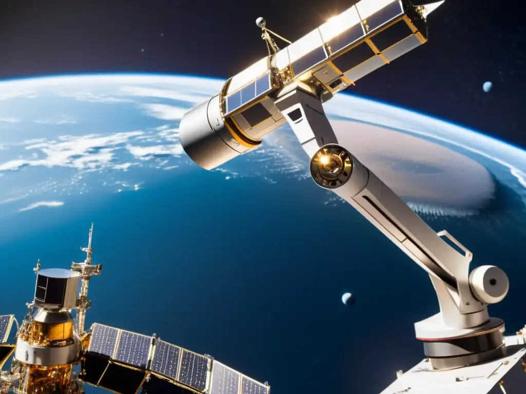 Reparación Estelar: Robótica Espacial Avanzada Robótica en la exploración espacial: Un brazo robótico repara un satélite en el cosmos, con una nave espacial futurista de fondo