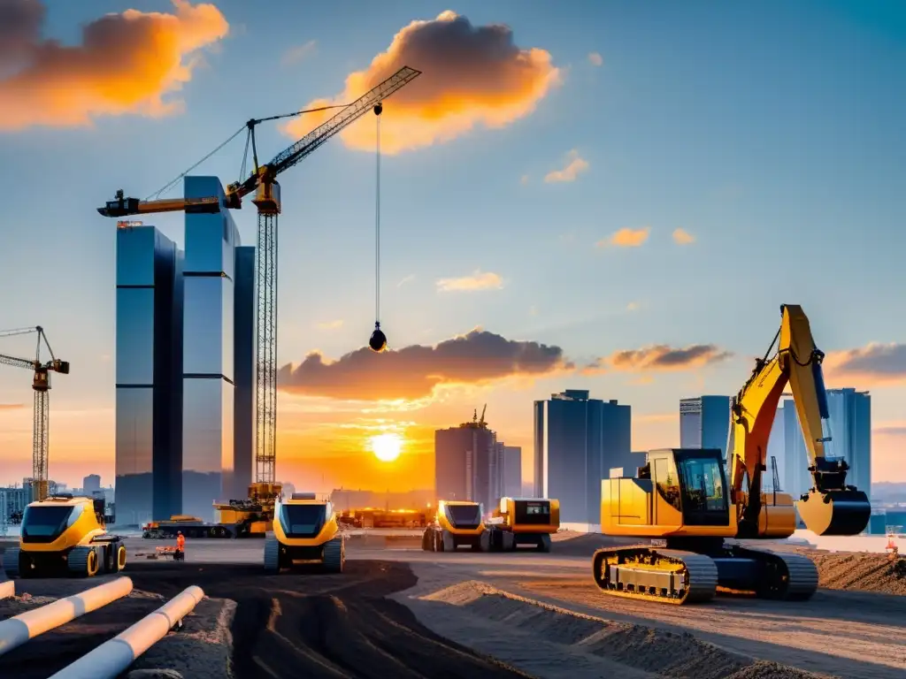 Robótica en construcción de gran escala: Atardecer dorado sobre maquinaria futurista y arquitectura moderna en un imponente sitio de construcción