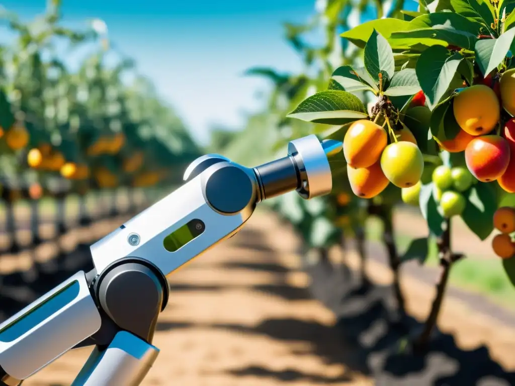 Robótico brazo recolectando frutas maduras en un huerto soleado, mostrando soluciones tecnológicas para la escasez de mano de obra agrícola