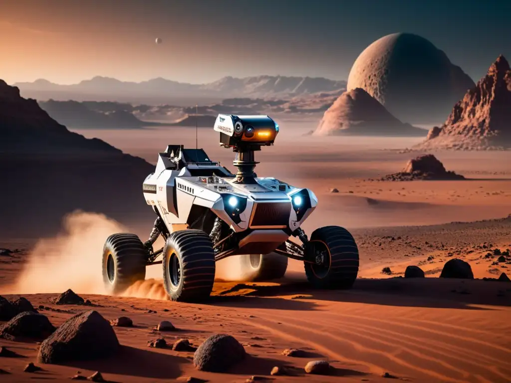 Robótico rover explorando paisaje alienígena, desafíos tecnologías emergentes exploración autónoma