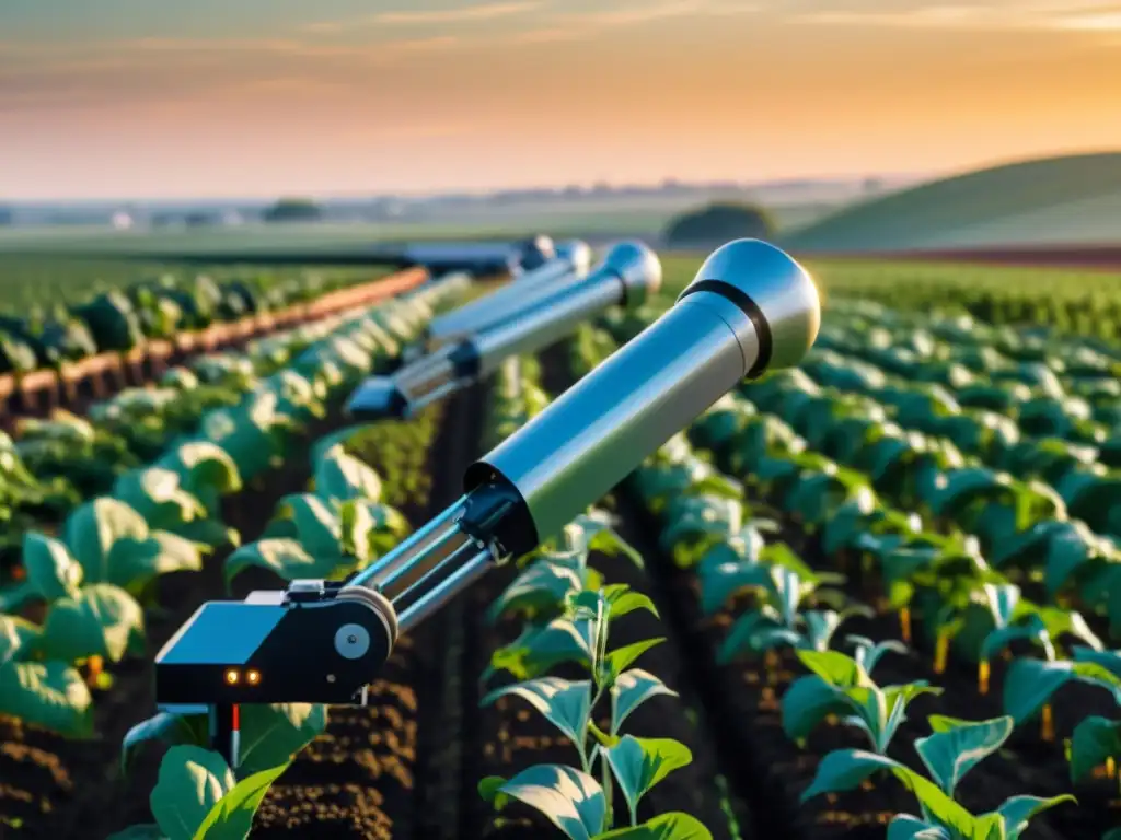 Robots en la agricultura a gran escala: brazo robótico cuidando cultivos en campo avanzado al atardecer