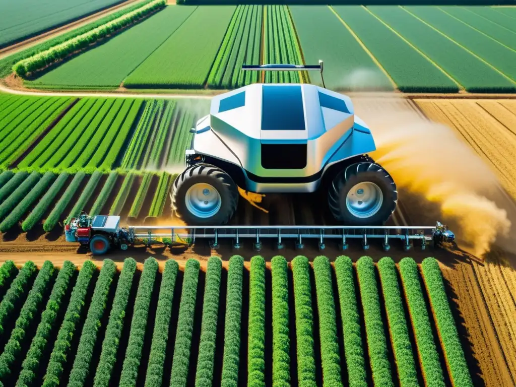 Robots en la agricultura a gran escala: imagen detallada de campo agrícola con maquinaria robótica trabajando en armonía con la naturaleza