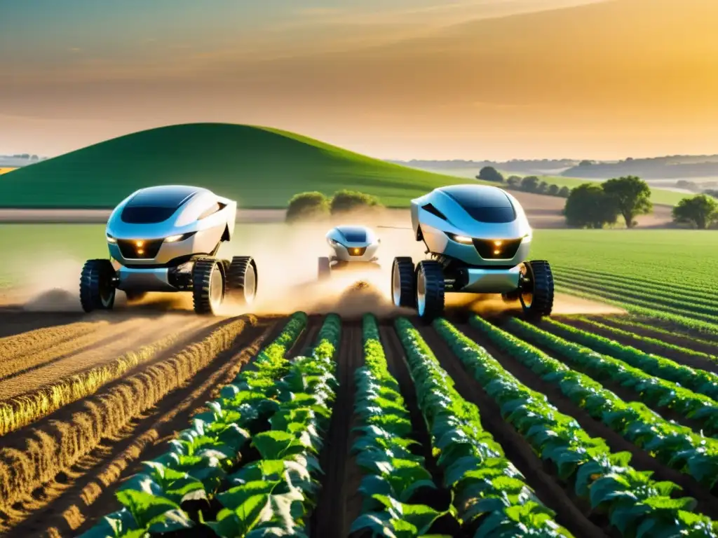 Robots en la agricultura a gran escala: Futurista paisaje agrícola con robots metálicos trabajando en campos de cultivo, bañados por cálido sol dorado