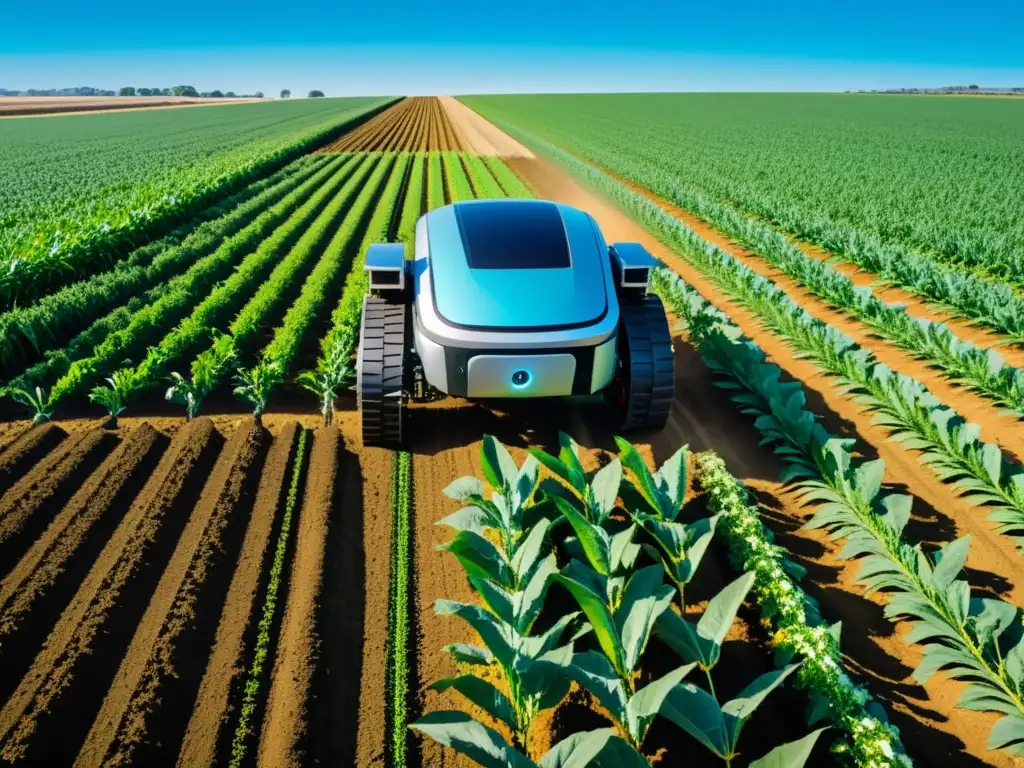 Robots autónomos trabajan en armonía con agricultores tradicionales en un campo vibrante