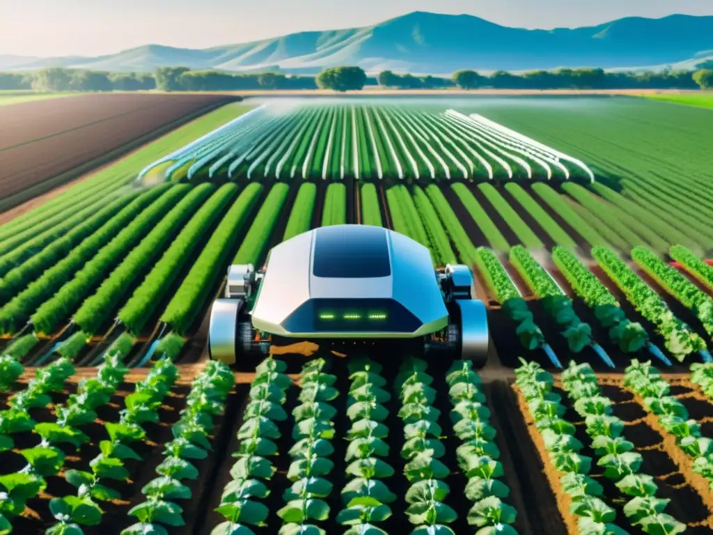 Robots en el campo para la agricultura moderna: Imagen de robots futuristas trabajando en un paisaje agrícola, fusionando tecnología y naturaleza