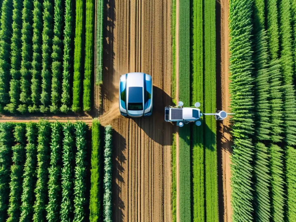 Robots en el campo para la agricultura moderna: maquinaria robotizada trabajando en un campo agrícola moderno, rodeado de exuberante vegetación y cielos despejados