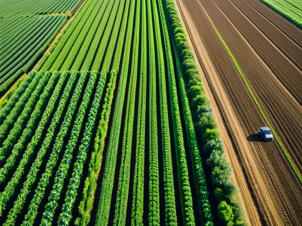 Robots en el campo para la agricultura moderna: Imagen aérea de robots autónomos trabajando en un campo agrícola, integrando tecnología y naturaleza