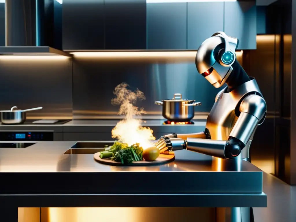 Robots en la cocina para gastronomía: Una escena futurista donde robots preparan gourmet con precisión y arte en una cocina de diseño innovador