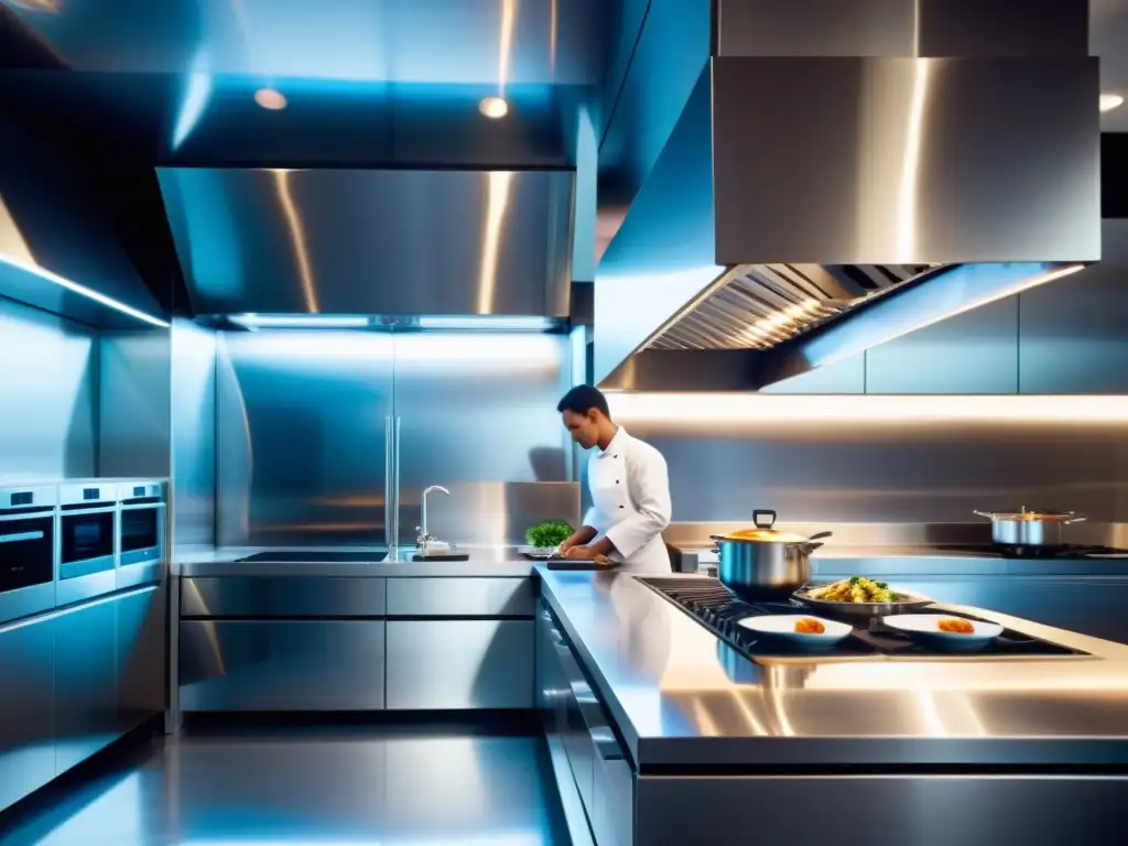 Robots en la cocina para gastronomía: Cocina moderna con robots cocinando gourmet, chef asombrado