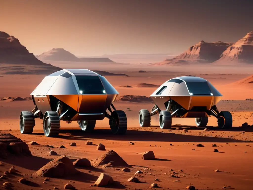 Robots futuristas construyendo hábitats en Marte Robots de construcción en Marte ensamblan hábitats modulares futuristas, con tecnología avanzada y precisión, en el escarpado paisaje marciano