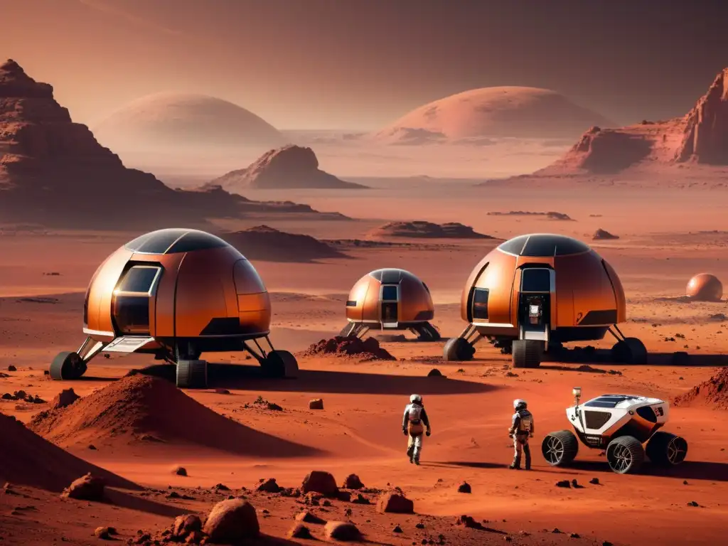 Equipo robótico construyendo futuristas viviendas en Marte Robots de construcción ensamblan elegantes casas en Marte, en un paisaje rojizo con formaciones rocosas altas y horizonte brumoso al atardecer