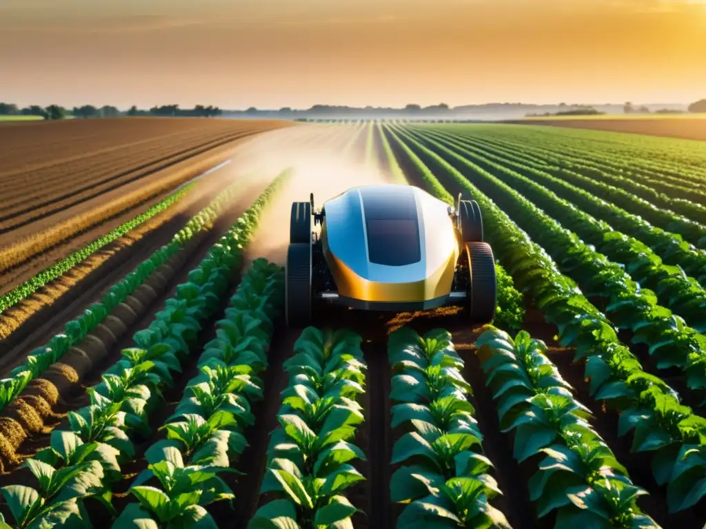 Robots agrícolas tecnología emergente trabajando en un campo futurista bañado por la luz dorada del sol, exudando innovación y eficiencia