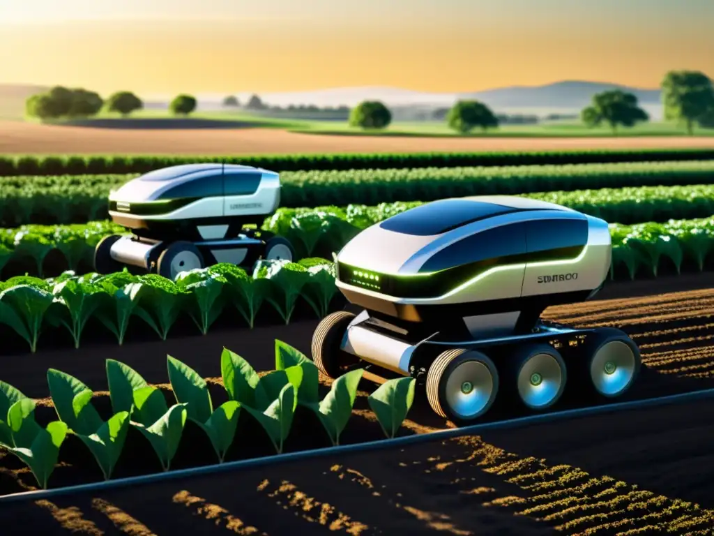 Robots agrícolas tecnología emergente trabajando en granja futurista