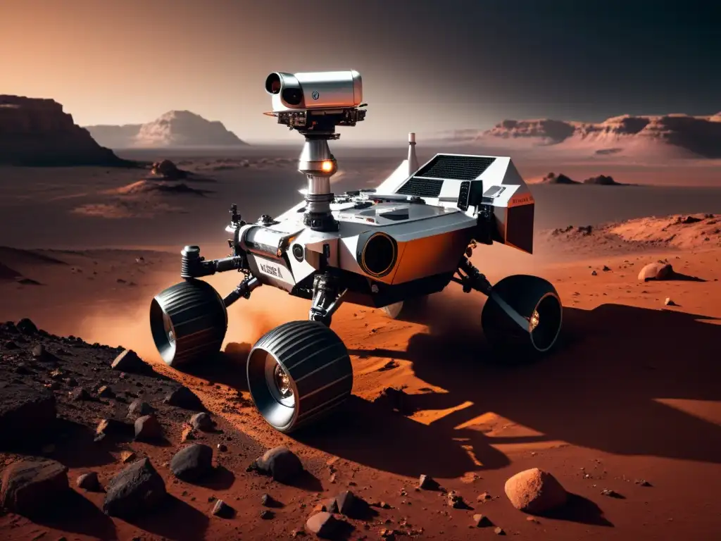 Robots en el espacio para exploración: Rover futurista plateado y negro navega paisaje marciano rojizo con tecnología avanzada y sombra alargada