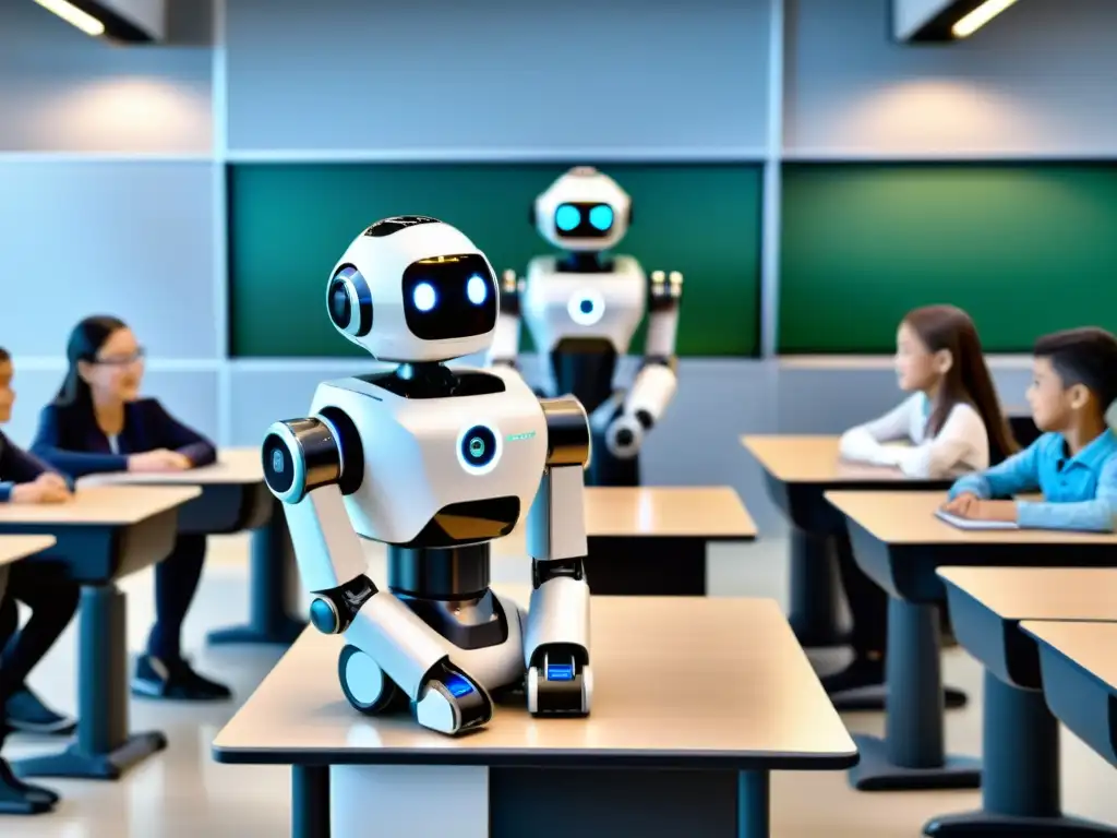 Robots futuristas interactúan con estudiantes, ilustrando el impacto de la IA en educación con métodos innovadores y tecnología avanzada