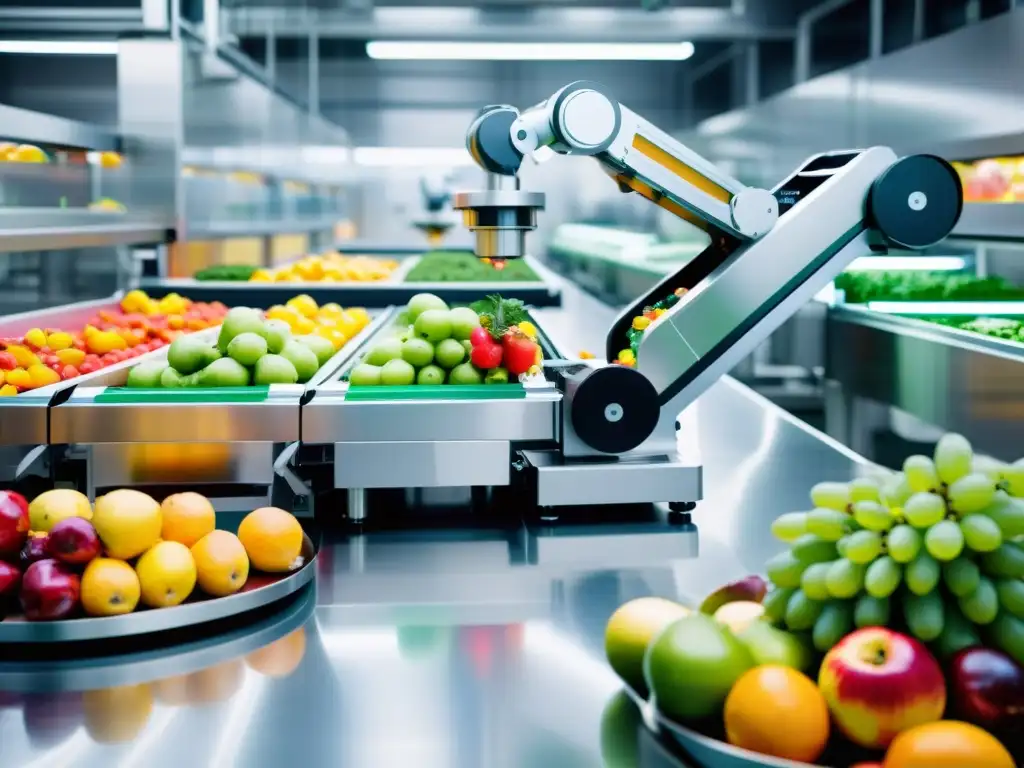 Robots en la industria alimentaria segura: brazo robótico seleccionando y empaquetando frutas y verduras frescas en una moderna y brillante planta de procesamiento de alimentos de alta tecnología