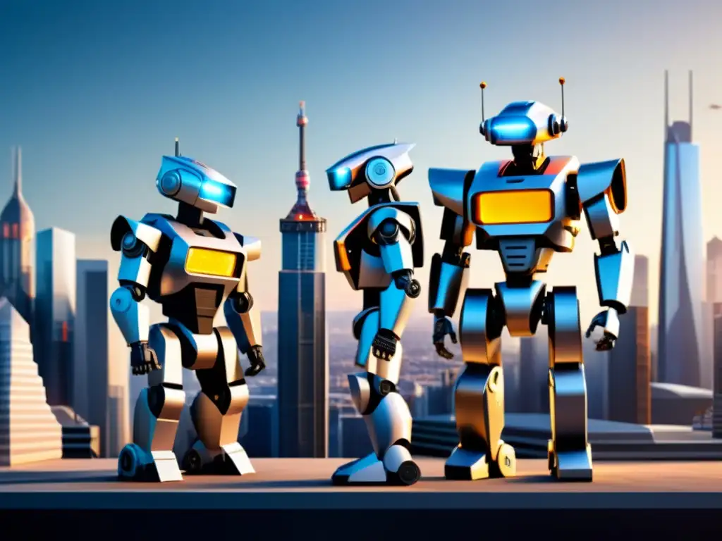 Robots constructores edificando un rascacielos futurista Robots en la industria de la construcción futura: Robots futuristas construyendo un rascacielos en una ciudad tecnológica bulliciosa