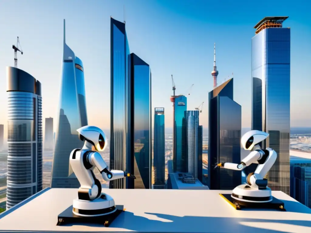 Construcción futurista con robots integrados Robots en la industria de la construcción futura: Robots y humanos construyen juntos un edificio futurista en una obra moderna y eficiente