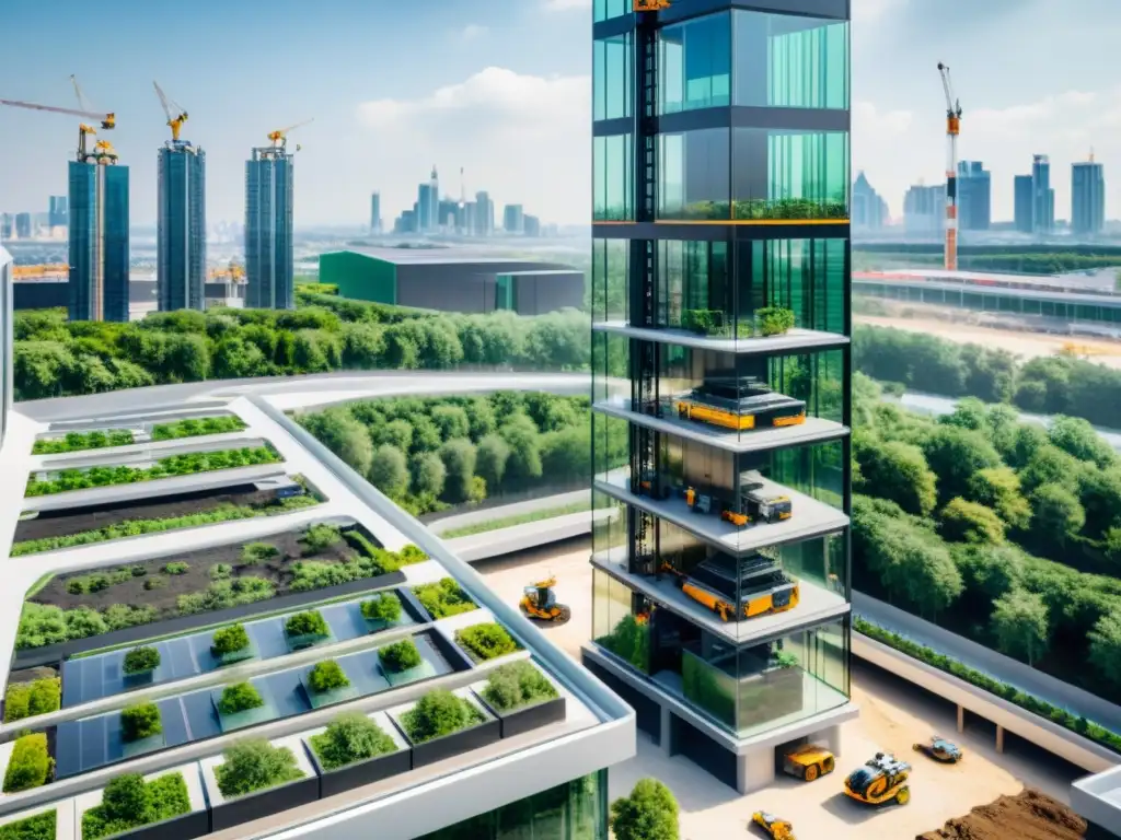 Construcción futurista: robots y drones crean un rascacielos innovador Robots en la industria de la construcción futura: panorama futurista de robots y drones construyendo un rascacielos moderno y sostenible