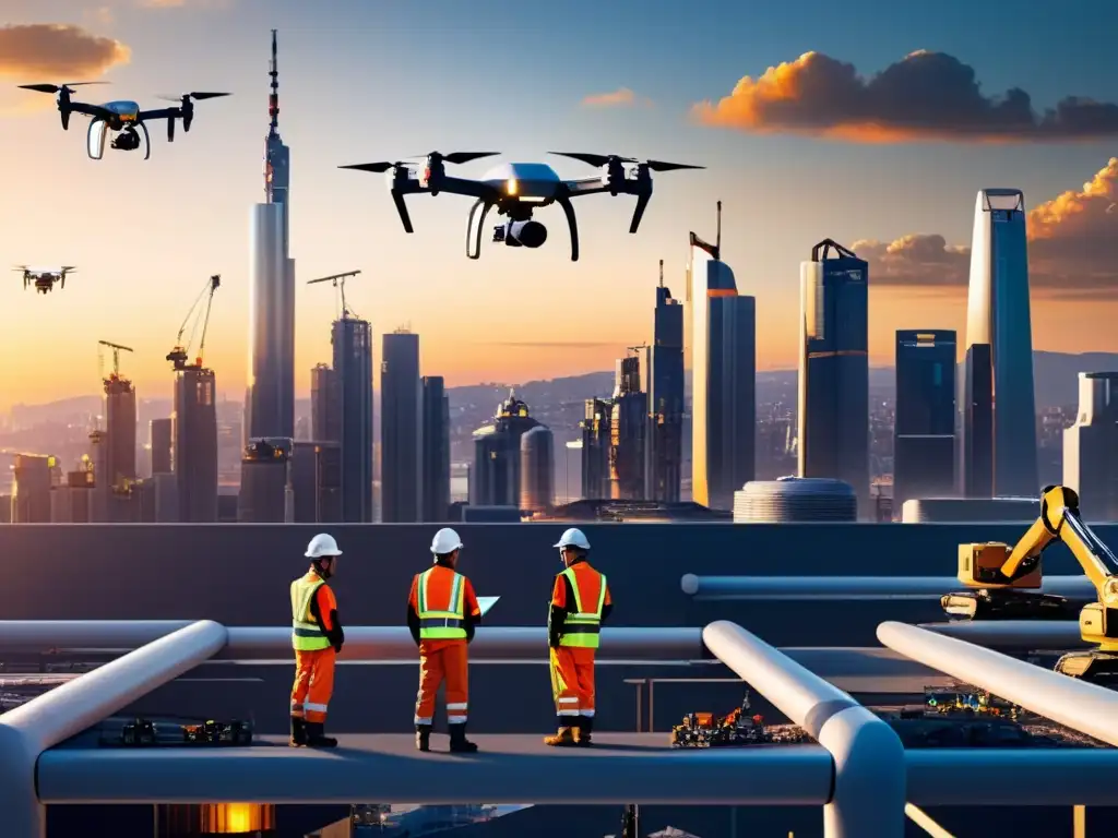 Avanzada construcción con robots y drones en ciudad futurista Robots en la industria de la construcción futura: escena futurista con robots y drones trabajando junto a humanos en un sitio de construcción, con una ciudad de alta tecnología de fondo y una cálida luz dorada