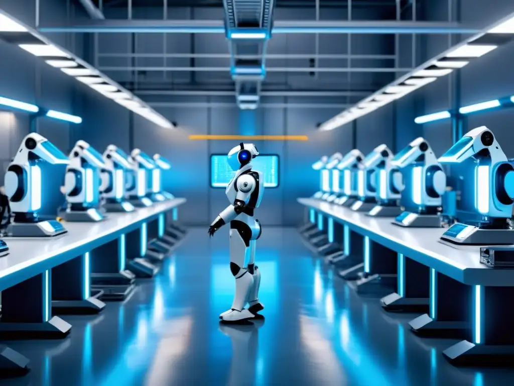 Robots industriales futuristas trabajando en perfecta sincronización en una fábrica de alta tecnología, iluminados por un suave brillo azul