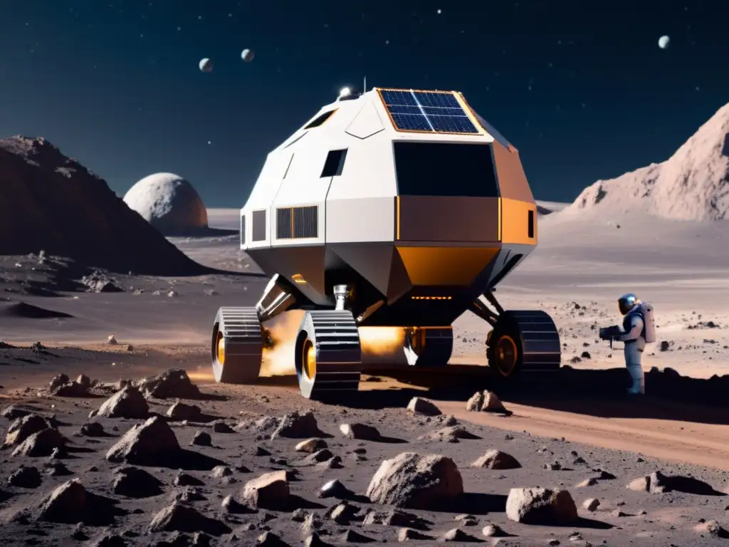 Robots mineros en economía espacial: Visión futurista de la minería en un asteroide, con robots de alta tecnología extrayendo recursos