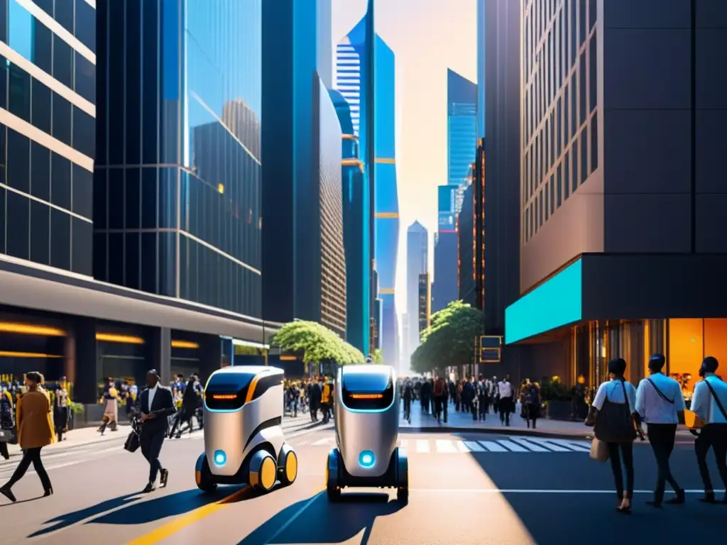 Robots en la vida urbana: Integración armoniosa de robots modernos en la bulliciosa vida urbana al atardecer