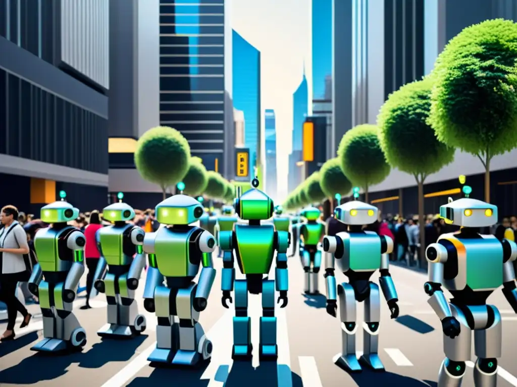 Robots en la vida urbana: Moderna calle llena de androides futuristas integrados en la vida citadina, entre rascacielos y gente