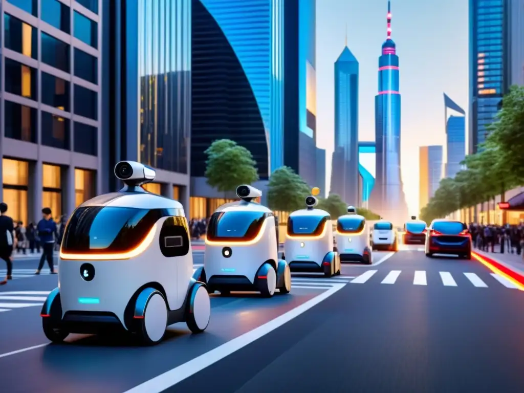 Robots en la vida urbana: Modernos robots de entrega autónoma moviéndose entre peatones y autos en una bulliciosa calle de la ciudad futurista