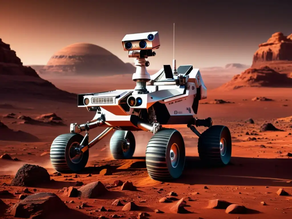 Un rover futurista explorando Marte, rodeado de formaciones rocosas rojas