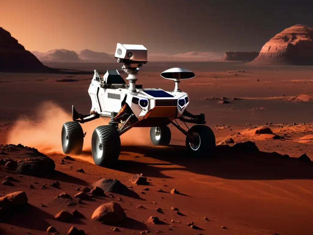 Un rover futurista explorando Marte, con tecnologías emergentes y paisaje marciano