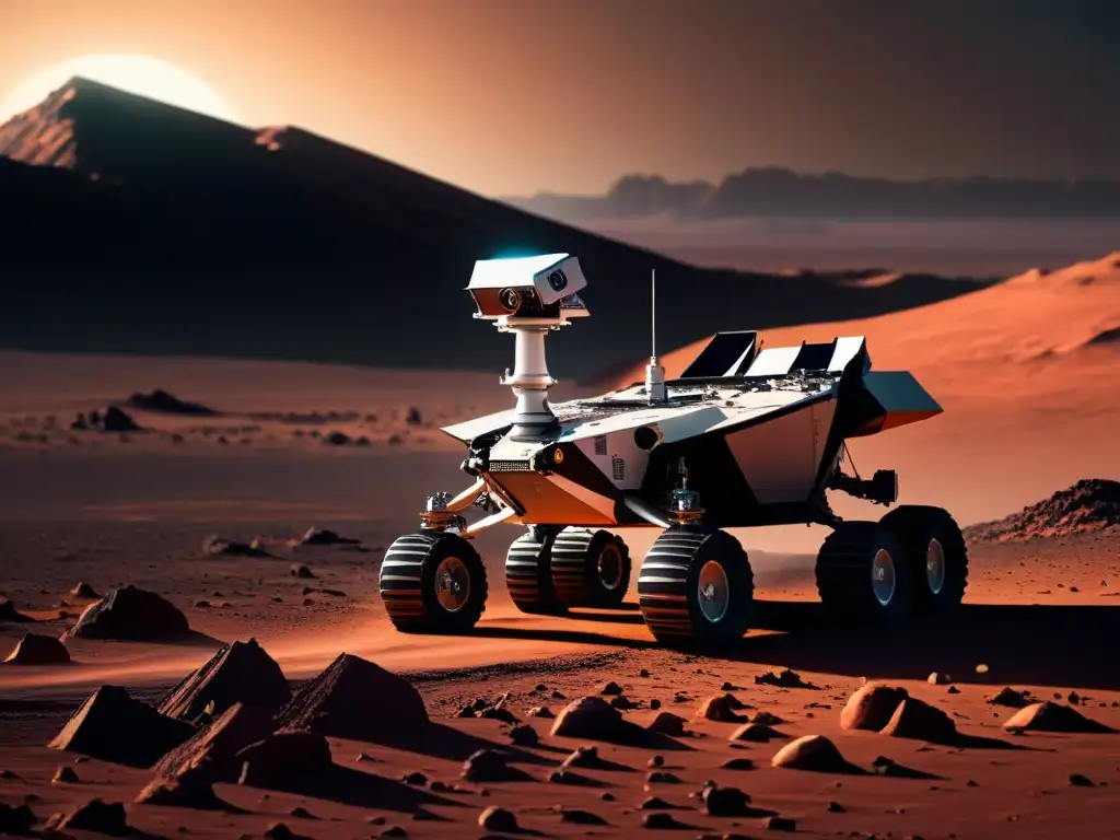 Un rover futurista explora un paisaje rocoso y desolado en un planeta distante, reflejando la búsqueda de vida extraterrestre